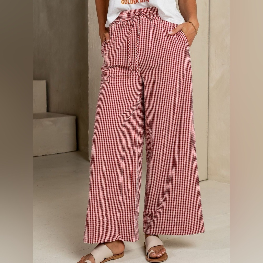Gingham Print Wide Leg Casual Pants